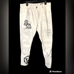 NWT UNISEX Smoke Rise graffiti cream colored jeans sz 38x32